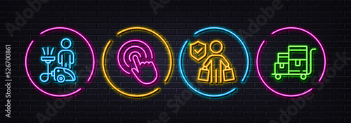 Click, Cleaning and Buyer insurance minimal line icons. Neon laser 3d lights. Inventory cart icons. For web, application, printing. Cursor pointer, Clean service, Purchase coverage. Vector