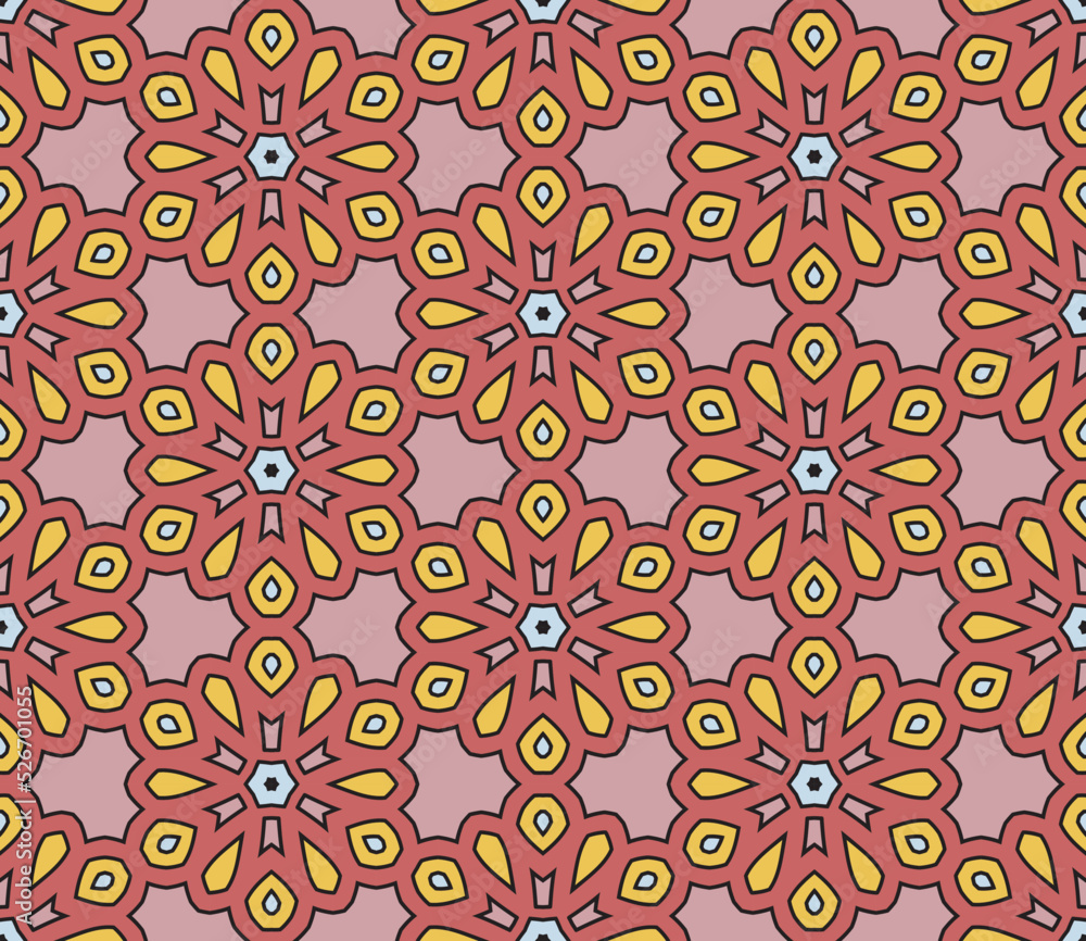 Abstract colorful doodle hexagon seamless pattern. Geo shape  background. Mosaic, tile of thin line ornament.