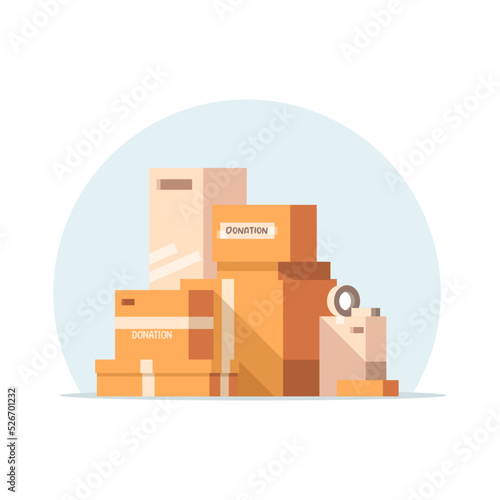 Pile of cardboard boxes for donations and charities. Flat style vector illustration isolated on a white background.