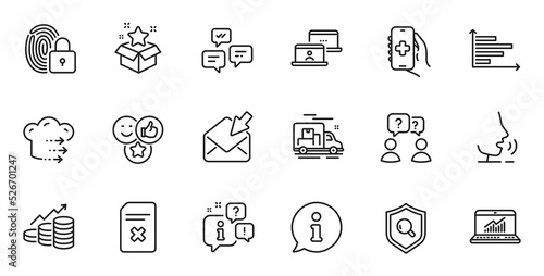 Outline set of Info, Inspect and Chat messages line icons for web application. Talk, information, delivery truck outline icon. Include Delete file, Like, Loyalty program icons. Vector