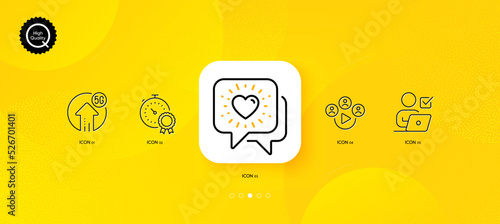 5g upload, Friends chat and Best result minimal line icons. Yellow abstract background. Video conference, Online voting icons. For web, application, printing. Vector