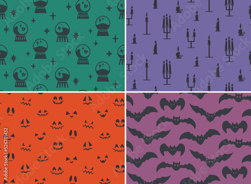 Collection of Halloween seamless patterns. Spooky textures in flat style.