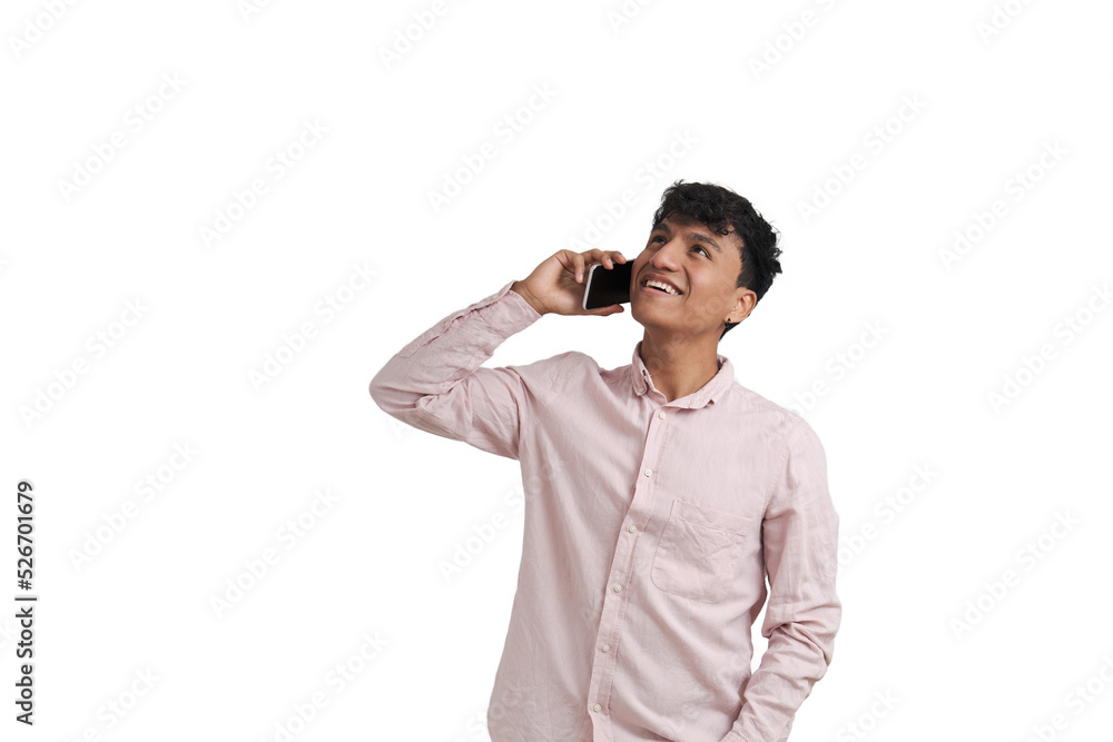 Young peruvian man smiling and speaking on the smartphone looking up. Isolated over white background. Young peruvian man smiling and speaking on the smartphone looking up. Isolated over white background.