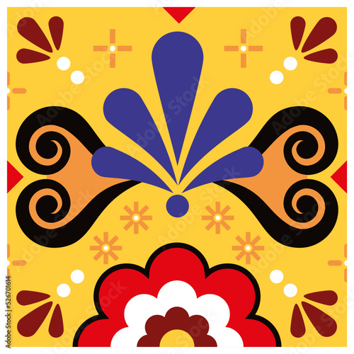 Mexican talavera single tile vector seamless pattern, decorative ceramic ornament with flowers and swirls inspired by folk art from Mexico
