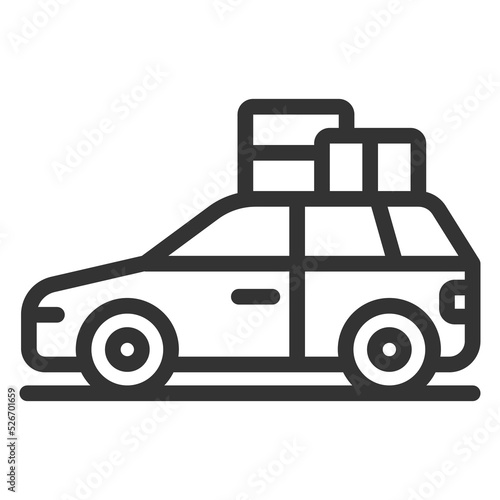 A car with a family and things goes to a picnic - icon, illustration on white background, outline style © OlegF