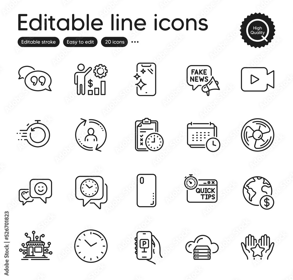 Set of Technology outline icons. Contains icons as Time, Cloud server and Smartphone clean elements. Fast recovery, Distribution, Smile web signs. Smartphone cover, Video camera. Vector Set of Technology outline icons. Contains icons as Time, Cloud server and Smartphone clean elements. Fast recovery, Distribution, Smile web signs. Smartphone cover, Video camera. Vector