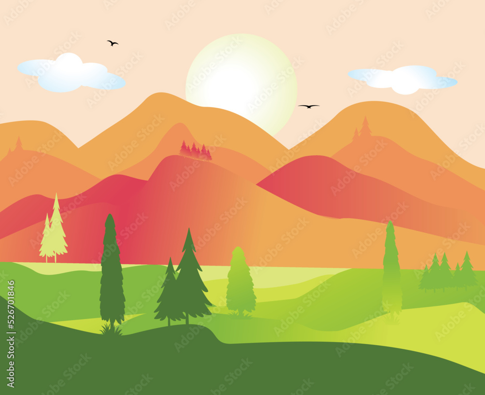 Mountain landscape vector illustration. Cartoon flat panorama spring summer beautiful nature, green forest, beautiful pine trees and mountains on horizon background
Vector Format Mountain landscape vector illustration. Cartoon flat panorama spring summer beautiful nature, green forest, beautiful pine trees and mountains on horizon background
Vector Format