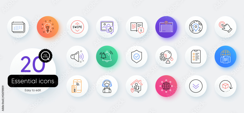 Simple set of Swipe up, Calendar and Security shield line icons. Include Scroll down, Idea, Internet documents icons. International globe, Like photo, Manual web elements. Fingerprint. Vector Simple set of Swipe up, Calendar and Security shield line icons. Include Scroll down, Idea, Internet documents icons. International globe, Like photo, Manual web elements. Fingerprint. Vector