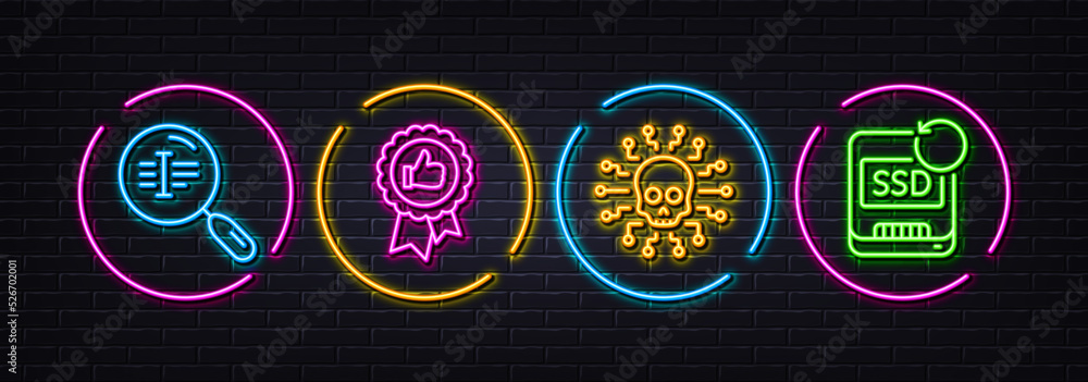 Positive feedback, Cyber attack and Search text minimal line icons. Neon laser 3d lights. Recovery ssd icons. For web, application, printing. Award medal, Hacker skull, Find word. Backup info. Vector