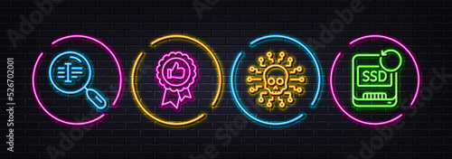 Positive feedback, Cyber attack and Search text minimal line icons. Neon laser 3d lights. Recovery ssd icons. For web, application, printing. Award medal, Hacker skull, Find word. Backup info. Vector