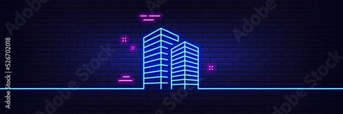 Neon light glow effect. Skyscraper buildings line icon. City architecture sign. Town symbol. 3d line neon glow icon. Brick wall banner. Skyscraper buildings outline. Vector