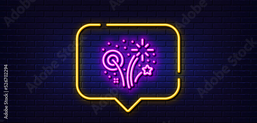 Neon light speech bubble. Fireworks line icon. Pyrotechnic salute sign. Carnival celebration lights symbol. Neon light background. Fireworks glow line. Brick wall banner. Vector