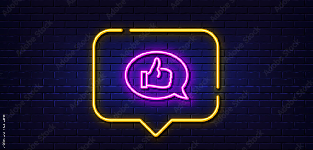 Neon light speech bubble. Positive feedback line icon. Communication symbol. Speech bubble sign. Neon light background. Feedback glow line. Brick wall banner. Vector Neon light speech bubble. Positive feedback line icon. Communication symbol. Speech bubble sign. Neon light background. Feedback glow line. Brick wall banner. Vector