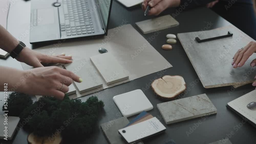 Interior design studio. Designers with architects and clients select ...