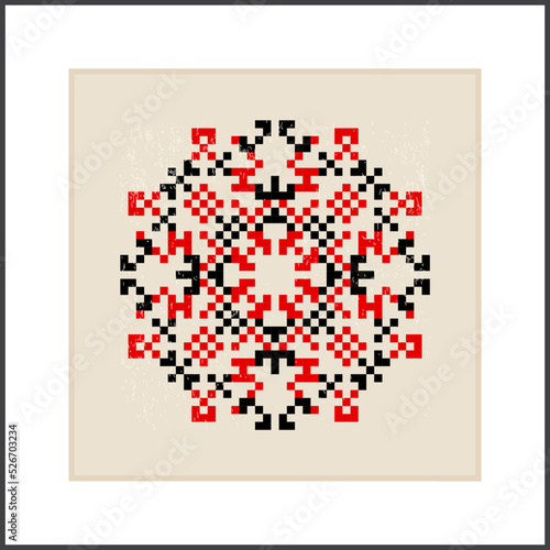 Traditional Ukrainian knitted embroidery art, ethnic mandala ornament vyshyvanka
