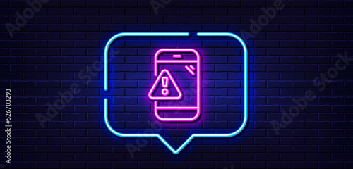 Neon light speech bubble. Warning message line icon. Phone alert sign. Caution app symbol. Neon light background. Warning message glow line. Brick wall banner. Vector