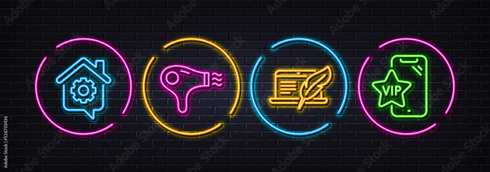 Copyright laptop, Hair dryer and Work home minimal line icons. Neon laser 3d lights. Vip phone icons. For web, application, printing. Writer device, Hairdryer, Outsource work. Vector