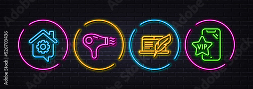 Copyright laptop, Hair dryer and Work home minimal line icons. Neon laser 3d lights. Vip phone icons. For web, application, printing. Writer device, Hairdryer, Outsource work. Vector