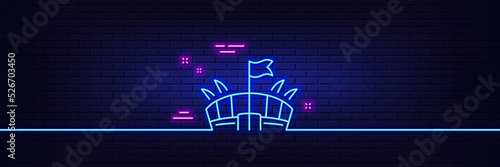 Neon light glow effect. Sports stadium line icon. Arena with flag sign. Sport complex symbol. 3d line neon glow icon. Brick wall banner. Arena outline. Vector