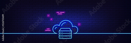 Neon light glow effect. Cloud computing server line icon. Internet data storage sign. File hosting technology symbol. 3d line neon glow icon. Brick wall banner. Cloud server outline. Vector