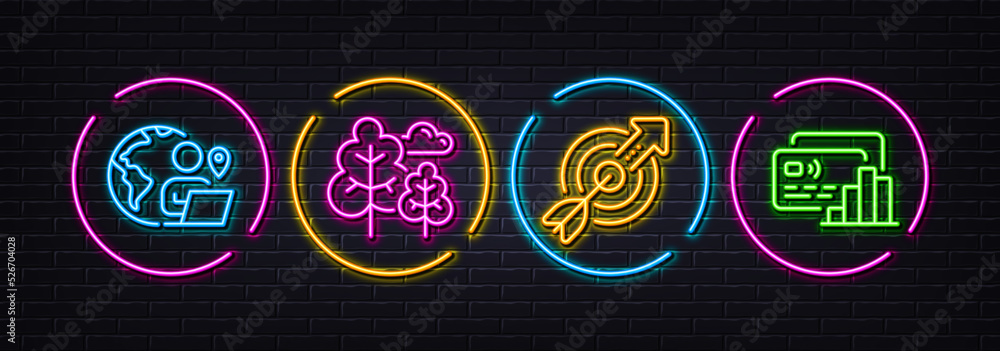 Outsource work, Target and Tree minimal line icons. Neon laser 3d lights. Card icons. For web, application, printing. Remote worker, Objective goal, Forest plants. Bank payment. Vector