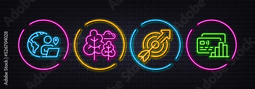 Outsource work, Target and Tree minimal line icons. Neon laser 3d lights. Card icons. For web, application, printing. Remote worker, Objective goal, Forest plants. Bank payment. Vector