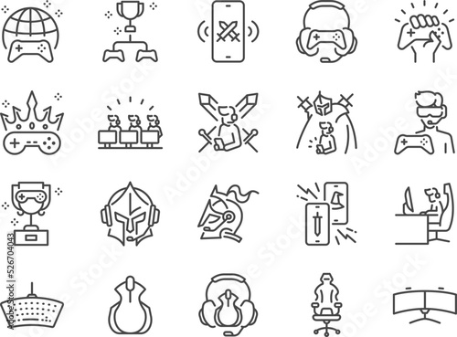 E-sports icon set. Included the icons as a gamer, tournament players, games, and more.