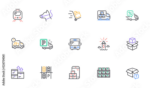 Bus, Secret package and Boxes shelf line icons for website, printing. Collection of Parking place, Mobile inventory, Truck parking icons. Delivery, Train, Lighthouse web elements. Vector