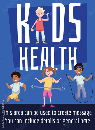 Kids health poster template with diverse children go in for sports, flat vector illustration.