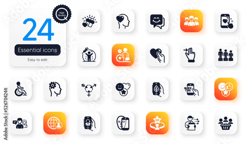 Set of People flat icons. Touchscreen gesture, People talking and Friend elements for web application. Face biometrics, Group, Food delivery icons. Hold heart, Disability, Love gift elements. Vector