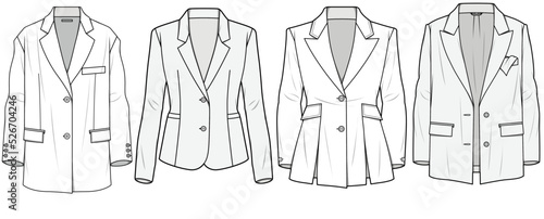 Two Button blazer, Front Slits Blazer, Double Breasted Blazer,  Sets Fashion Illustration, Vector, CAD, Technical Drawing, Flat Drawing, Template, Mockup.