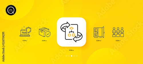 Technical algorithm, Fake internet and Open door minimal line icons. Yellow abstract background. Parcel insurance, Equity icons. For web, application, printing. Vector