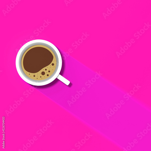 a white cup of coffee on pink background. long shadow from cup. invigorating drink. Square image. 3D image. 3D rendering.