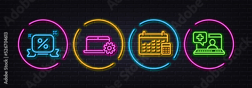 Discounts ribbon, Notebook service and Calendar minimal line icons. Neon laser 3d lights. Medical help icons. For web, application, printing. Sale banner, Computer repair, Calculator device. Vector