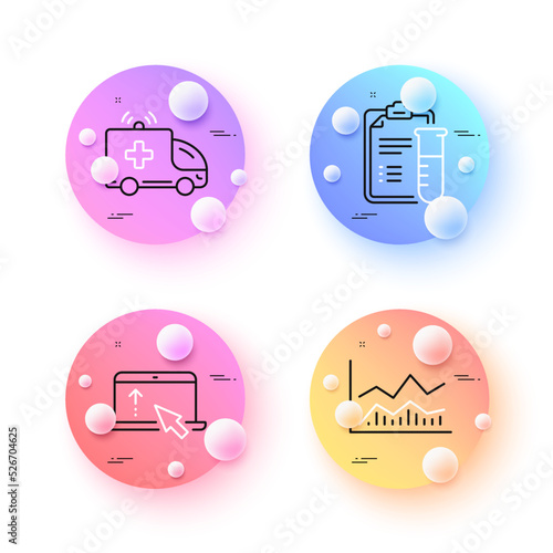 Ambulance car, Trade infochart and Swipe up minimal line icons. 3d spheres or balls buttons. Medical analyzes icons. For web, application, printing. Vector