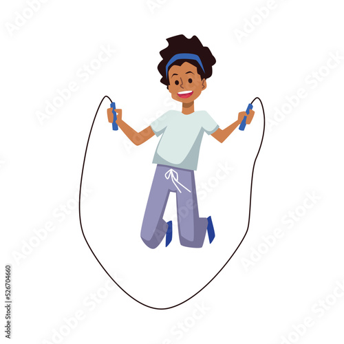 Smiling kid girl in tracksuit jumping rope flat style, vector illustration