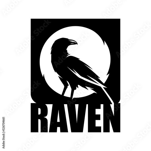 Black raven logo. Full moon crow silhouette emblem. Vector illustration.