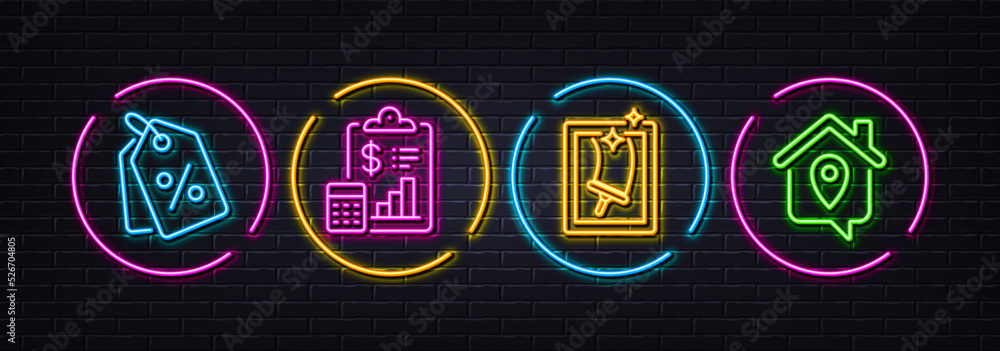 Window cleaning, Discount tags and Report minimal line icons. Neon laser 3d lights. Work home icons. For web, application, printing. Housekeeping service, Sale coupons, Survey clipboard. Vector