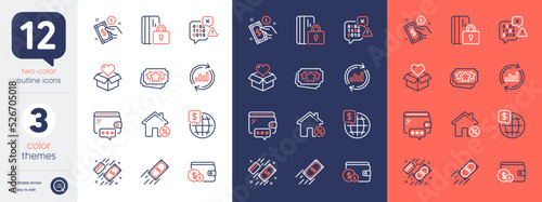Set of Binary code, Payment and Wallet line icons. Include Payment method, Buying accessory, Donation icons. Loyalty points, Loan house, Blocked card web elements. Update data, World money. Vector