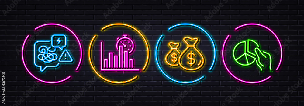 Report timer, Coins bags and Stress minimal line icons. Neon laser 3d lights. Pie chart icons. For web, application, printing. Growth chart, Investment, Messy anxiety. Presentation graph. Vector Report timer, Coins bags and Stress minimal line icons. Neon laser 3d lights. Pie chart icons. For web, application, printing. Growth chart, Investment, Messy anxiety. Presentation graph. Vector