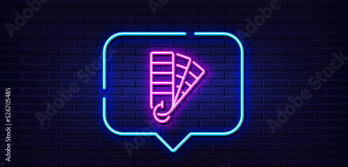 Neon light speech bubble. Pantone line icon. Painter color book sign. Paint swatches symbol. Neon light background. Palette glow line. Brick wall banner. Vector