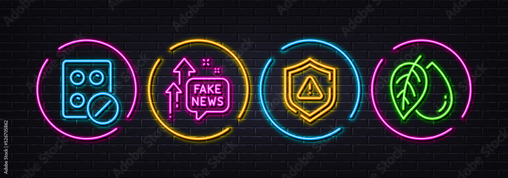 Fake news, Shield and Medical tablet minimal line icons. Neon laser 3d lights. Mineral oil icons. For web, application, printing. Wrong fact, Safe secure, Medicine pill. Organic tested. Vector