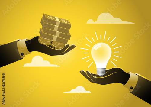Businessman hand give dollar money to lightbulb business idea