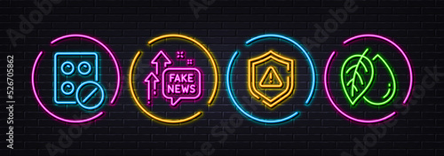 Fake news, Shield and Medical tablet minimal line icons. Neon laser 3d lights. Mineral oil icons. For web, application, printing. Wrong fact, Safe secure, Medicine pill. Organic tested. Vector