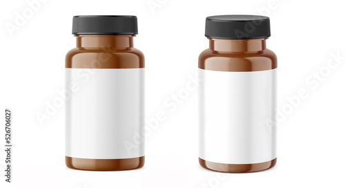 Jar for pills. Brown bottle mockup with blank label. 3d render