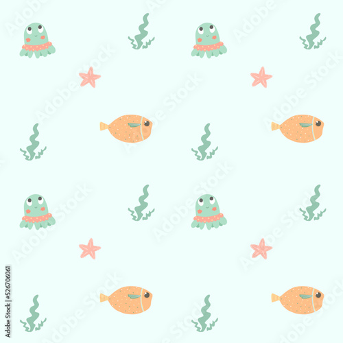 Funny children s pattern with octopuses and fish. Cartoon nautical pattern for children s textiles  clothes  wrapping paper  wallpaper  stationery.