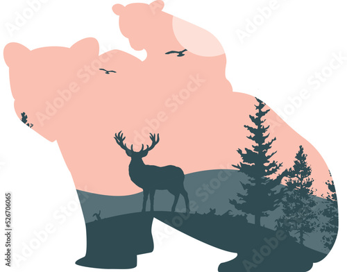 Vector double exposure illustration of a grizzly bear in the wild. Print, sticker, poster, vector elements.