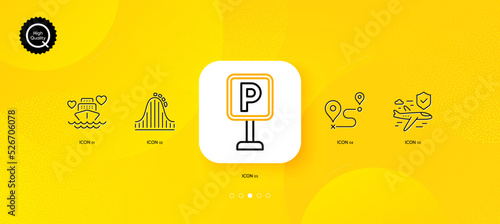 Flight insurance, Journey and Parking minimal line icons. Yellow abstract background. Honeymoon cruise, Roller coaster icons. For web, application, printing. Vector