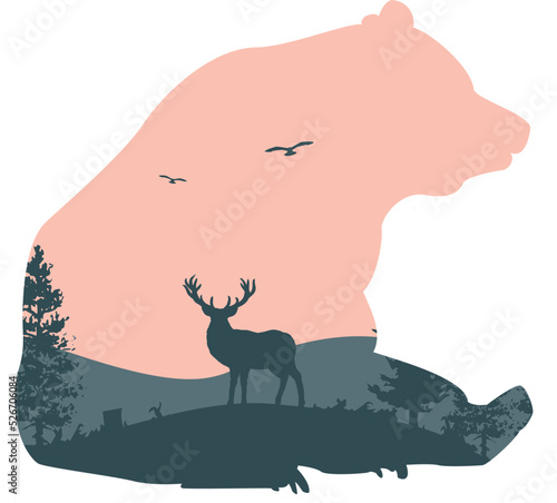 Vector double exposure illustration of a grizzly bear in the wild. Print, sticker, poster, vector elements.