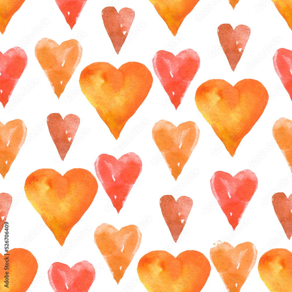 seamless pattern with hand painted watercolor hearts on white background. Perfect for romantic occasions such as Valentine's day.